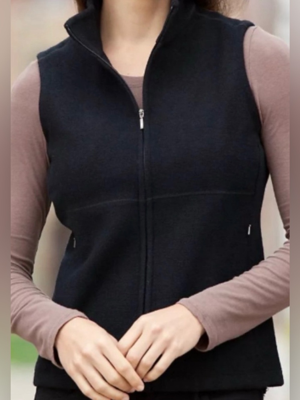 Ibex 100% Wool Black Zip Up Vest womens Large EUC